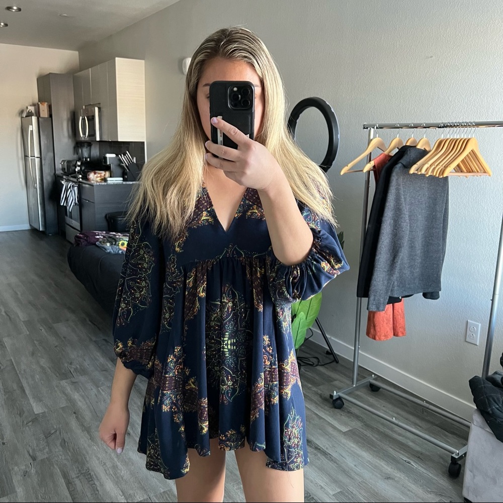 Free People Girl Talk boho blue tunic size medium